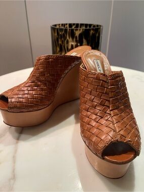 Tan Woven Leather Platform Wedge Mules